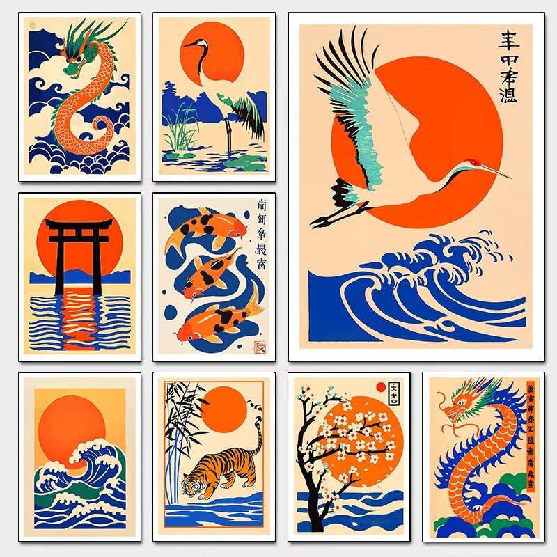 Japanese Lifestyle Gifts - Ilustrasi Jepang Retro Kanvas Cetak Naga